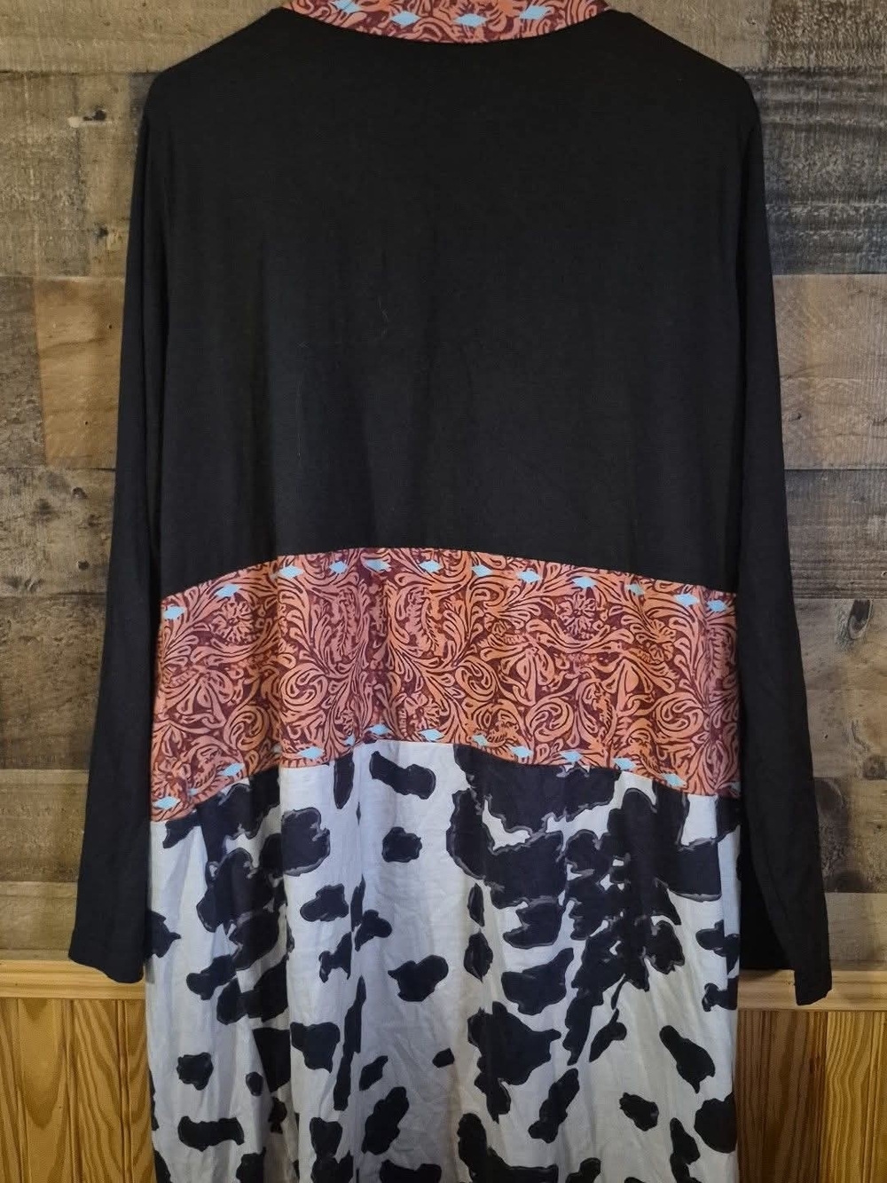 Women’s Colorblock Cow Print Long Cardigan – Black, Rust, White